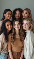 Fototapeta premium This captivating image features a diverse group of six women, each showcasing unique beauty and style, radiating joy and friendship. Their warm smiles and harmonious poses create an uplifting vibe
