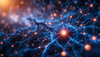 Obraz premium Microscopic View of Neuron Network Intricate Neural Connections and Synaptic Activity