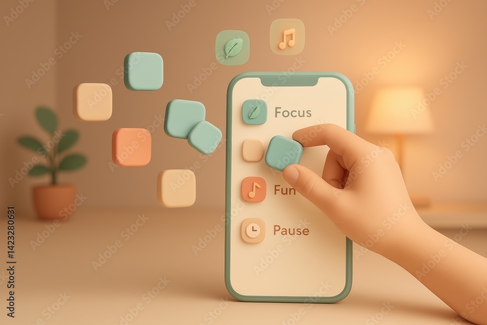 Poster smartphone application interface: a stylized, close-up view showcases a hand interacting with a mobi