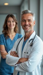 Fototapeta premium A charismatic male doctor in a white coat stands confidently with arms crossed, while a cheerful female nurse in scrubs smiles warmly behind him. This image radiates professionalism and teamwork