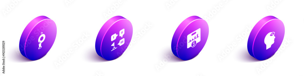 Poster set isometric whistle, planning strategy, key performance indicator and man with third eye icon. vec
