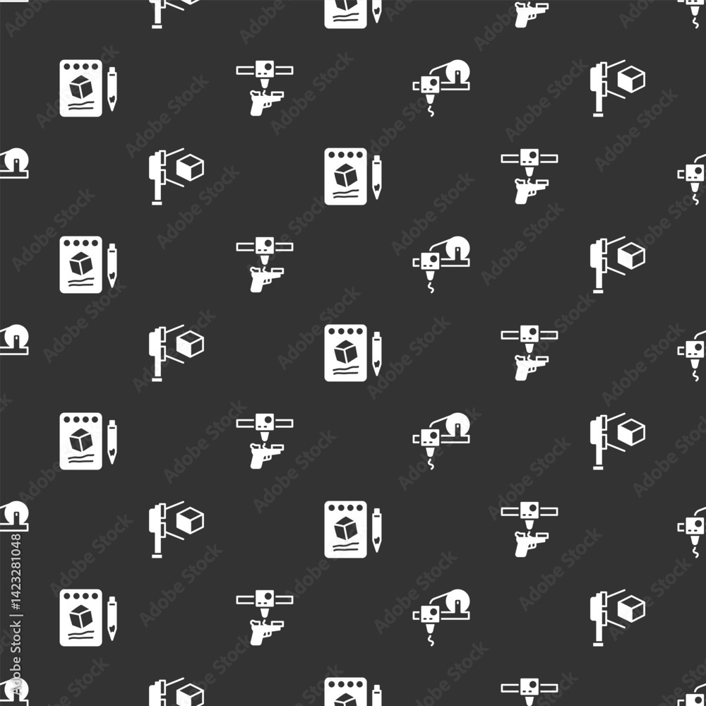 Poster set 3d printer, scanner with cube, sketch on paper and gun on seamless pattern. vector