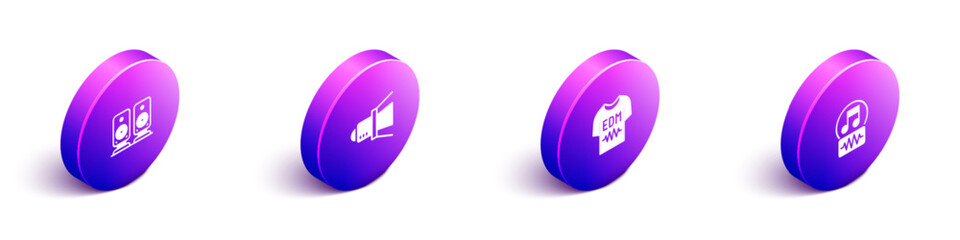 Set Isometric Stereo speaker, Movie spotlight, T-shirt and Music note, tone icon. Vector