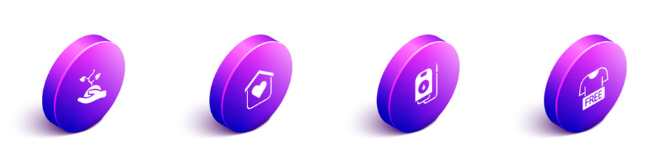 Set Isometric Volunteer team planting trees, Shelter for homeless, Blood donation and Clothes icon. Vector