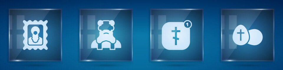 Fototapeta premium Set Christian icon, Priest, Online church pastor preaching and Easter egg. Square glass panels. Vector