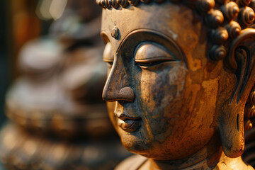 Ancient statue great Buddha on bright holiday composition, abstract vivid composition consists of fictional unreal fantastic vision on background