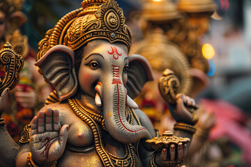 Fototapeta premium Bright holiday composition for happy Ganesh Chaturthi, abstract vivid composition consists of fictional unreal fantastic vision on background