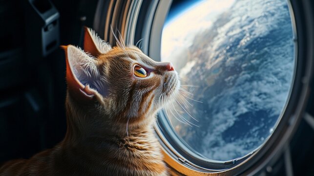 A cat is looking out of a window at the Earth