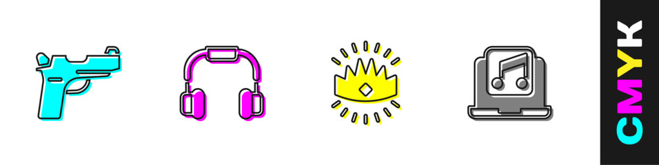 Set Pistol or gun, Headphones, King crown and Laptop with music icon. Vector