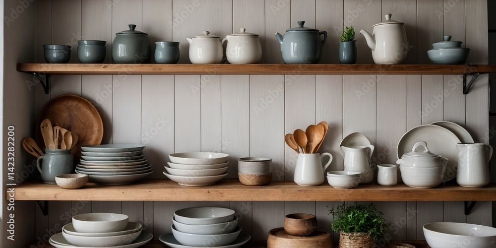 Poster rustic kitchen shelving displays an array of ceramic tableware, emphasizing simplicity and elegance 