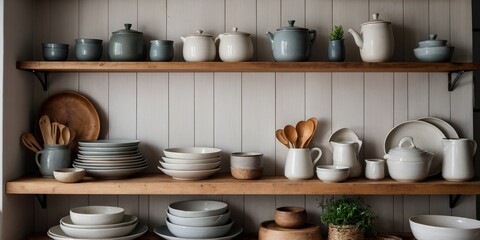 Rustic kitchen shelving displays an array of ceramic tableware, emphasizing simplicity and elegance in home decor