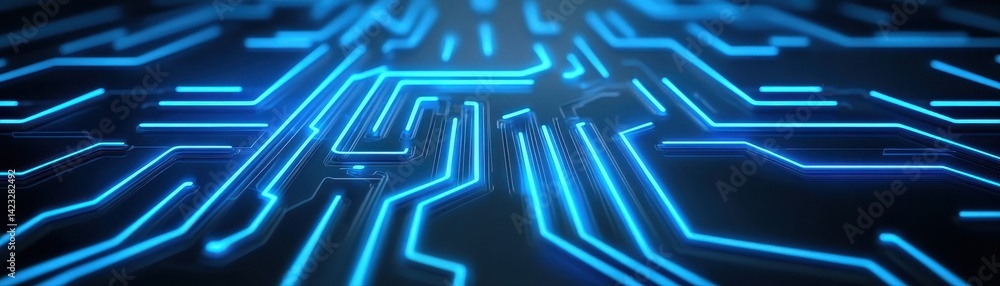Poster futuristic digital circuit board with glowing blue neon lines and interconnected pathways illustrati