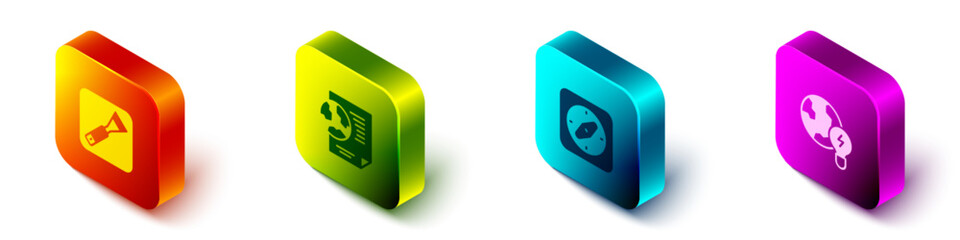 Set Isometric Paint brush, Earth globe with document, Compass and Global planet bulb icon. Vector