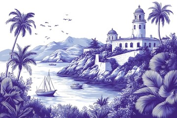 Obraz premium Coastal landscape vector illustration with lighthouse palm trees and sailboats