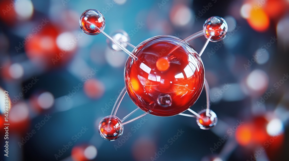 Poster abstract red molecular structure science 3d render illustration background art atom glass shiny macr