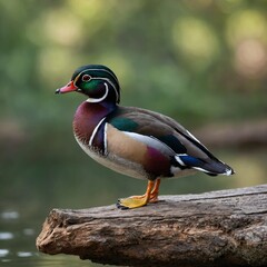 Wood Duck bird on piece of wood