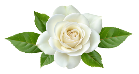 Elegant white rose with vibrant green leaves in a detailed high resolution digital illustration