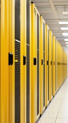 Modern data center with yellow server racks in a clean organized environment featu advanced technology and efficient infrastructure for data storage and management