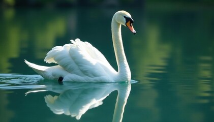 Fototapeta premium Majestic swan poised on still water, mirrored image in crystal clear lake , swan reflection, white