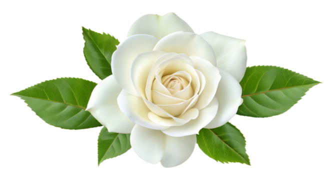 Elegant white rose with vibrant green leaves in a detailed high resolution digital illustration