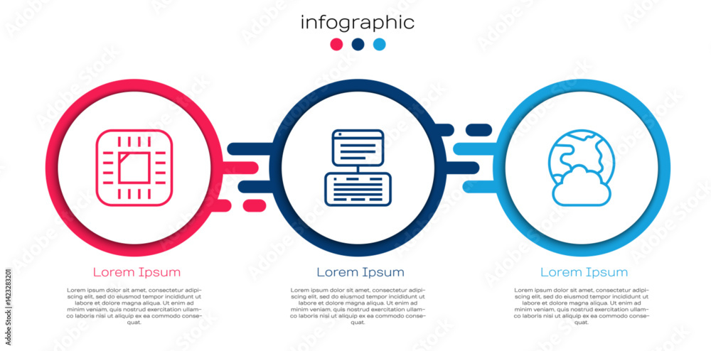 Poster set line processor with cpu, server, data, web hosting and social network. business infographic temp