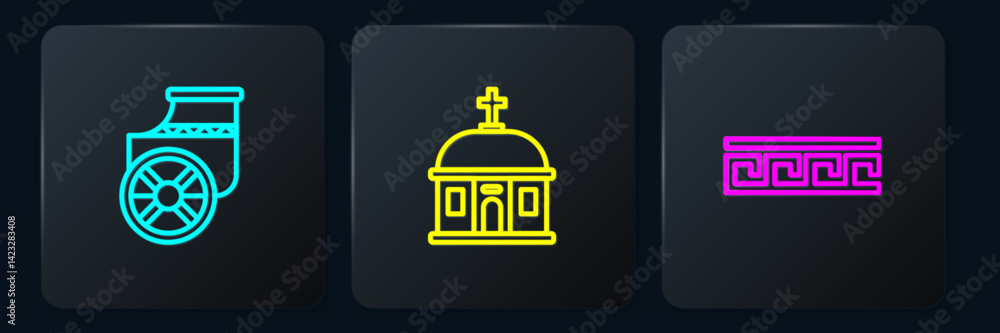 Poster set line ancient chariot, greek pattern and santorini building. black square button. vector