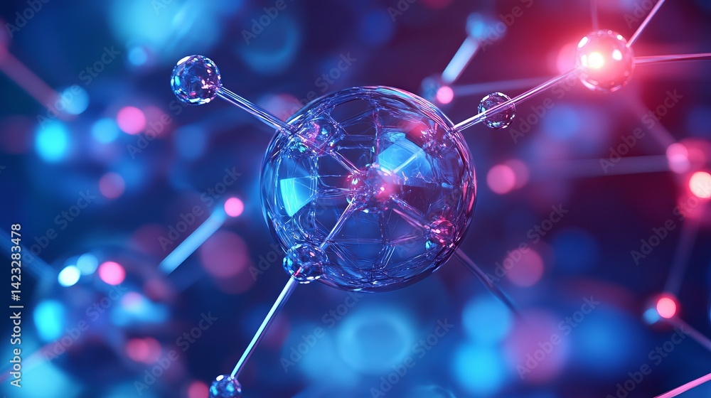 Poster abstract molecular structure with blue and pink glow artistic 3d render science technology backgroun