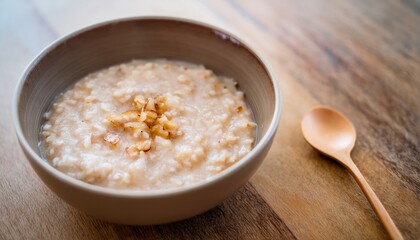 Delicious porridge with fruits and nuts on a wooden table