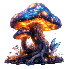Magical mushroom glow enchanted forest fantasy art nature close-up. Isolated on transparent background, png.