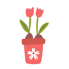 Red tulips in flower pot isolated on white. Vector cartoon flat illustration.