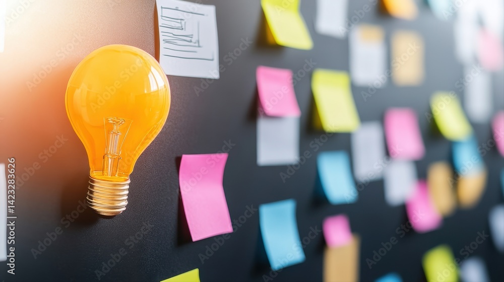 Poster innovative creative idea concept with a glowing light bulb on a colorful sticky note board for brain