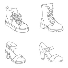 Various shoes in different styles and colors displayed in rows on a blue background. Concept of fashion shoes. Vector illustration
