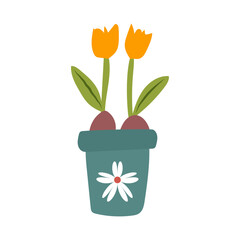 Hello spring card with watering can and tulips vector illustration graphic design