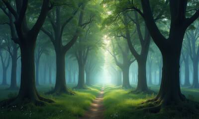 Fototapeta premium Misty Forest Path, Sunlight Trees - Mystical/Fantasy