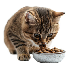 Curious cat eating dry food home kitchen animal photography. Isolated on transparent background, png.