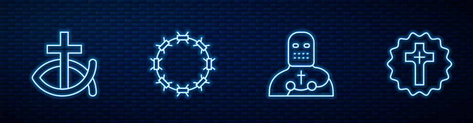 Set line Knight crusader, Christian fish, Crown of thorns and cross. Glowing neon icon on brick wall. Vector