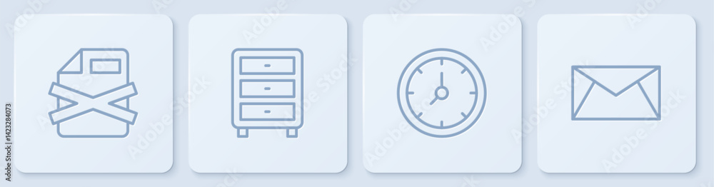 Poster set line delete file document, clock, archive papers drawer and mail and e-mail. white square button