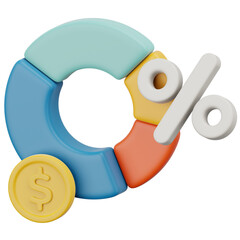 3D finance graphic colorful donut chart with a dollar coin and a percentage symbol
