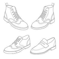 Various shoes in different styles and colors displayed in rows on a blue background. Concept of fashion shoes. Vector illustration