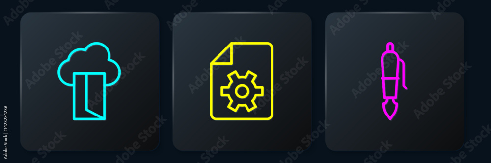 Poster set line cloud database, fountain pen nib and document settings. black square button. vector