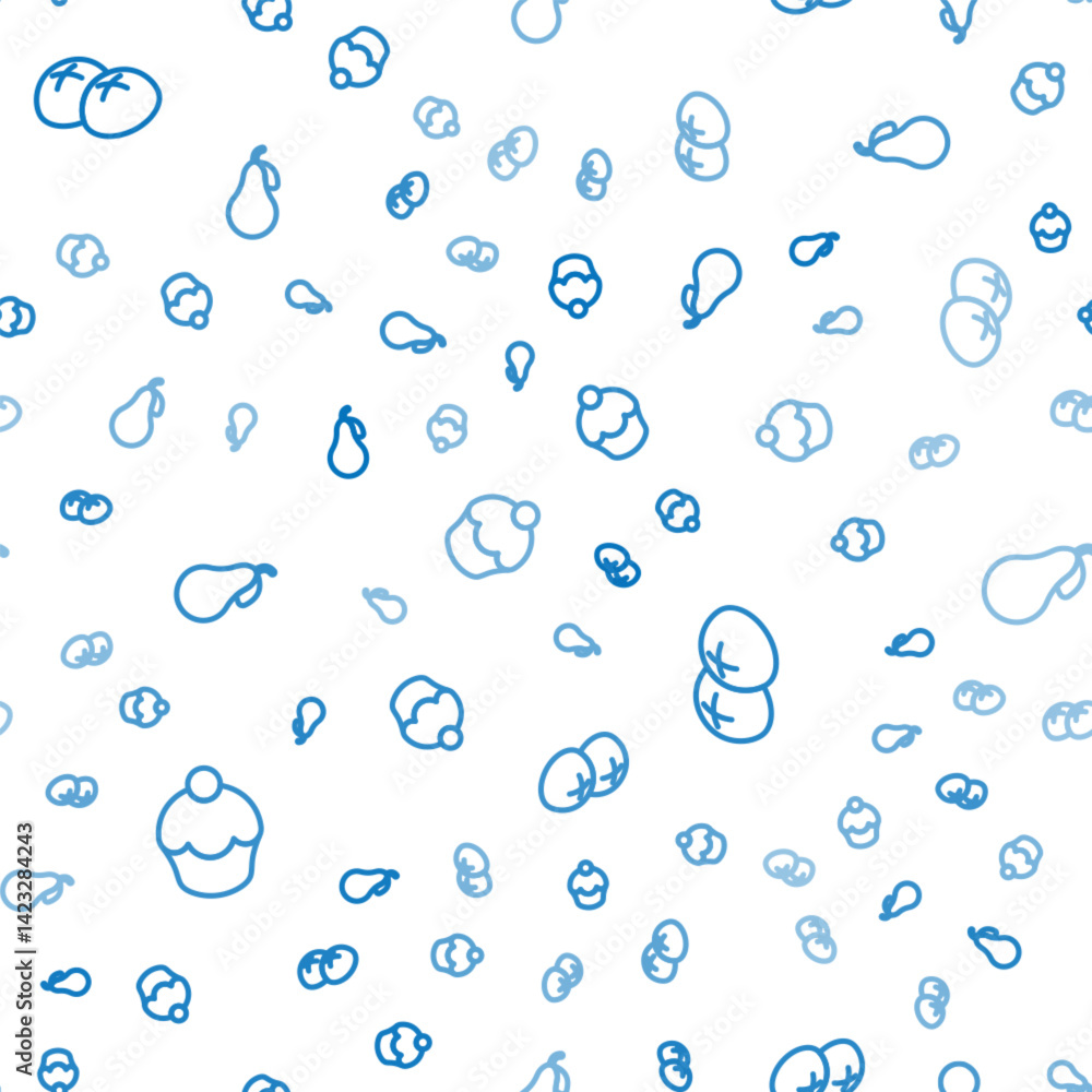 Poster set line muffin, bread loaf and pear on seamless pattern. vector