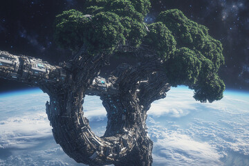 Fototapeta premium Floating tree city in space showcases futuristic architecture amid the cosmos