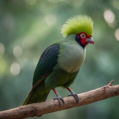White-cheeked Turaco bird on piece of wood