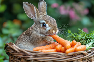 Generative AI Cute Funny Rabbit Sitting in Wicker Basket Eating Fresh Crunchy Carrots in Garden