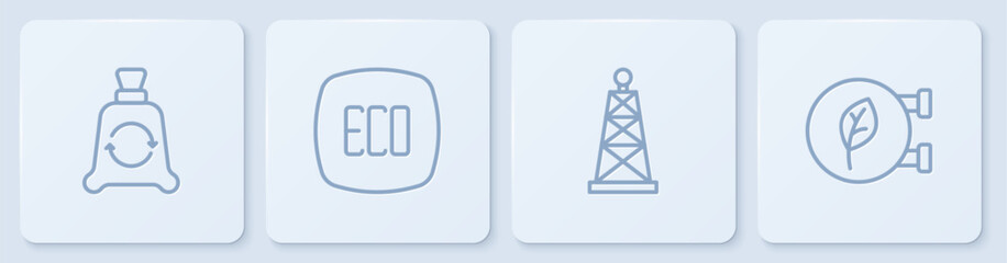 Set line Garbage bag with recycle, Oil rig, Leaf Eco symbol and shop. White square button. Vector