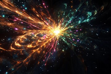 Naklejka premium Cosmic explosion showcasing vibrant colors and swirling particles in deep space