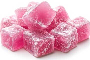 Pile of pink turkish delight candies with powdered sugar coating