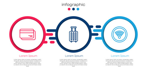 Set line Credit card, Suitcase and Wi-Fi wireless internet network. Business infographic template. Vector