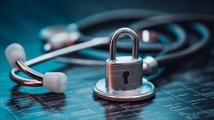 Healthcare and cyber security concept with data lock and stethoscope