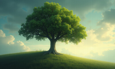 Fototapeta premium Serene Green Tree on Hill, Sunny Sky - -Nature photography/Digital .